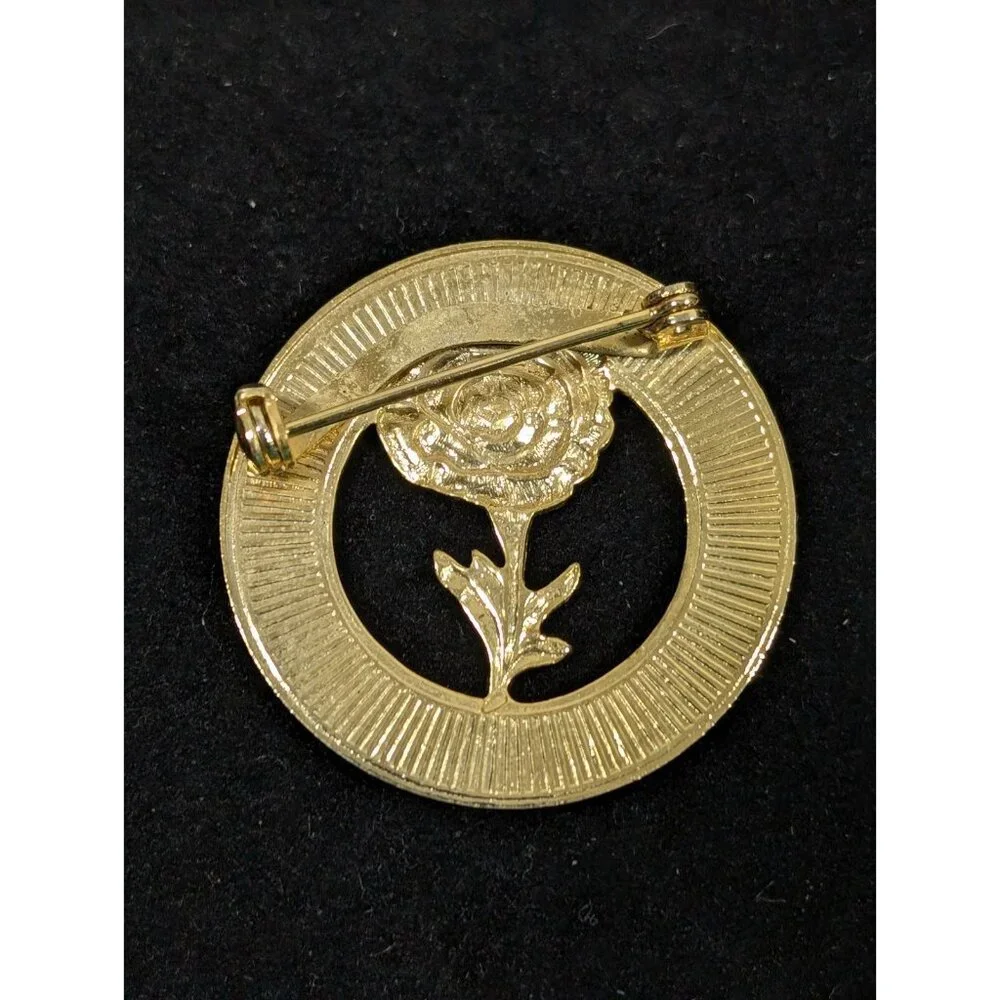Vintage Gold‎ Tone Ribbed Rose Flower Round Wreath Pin Brooch Retro